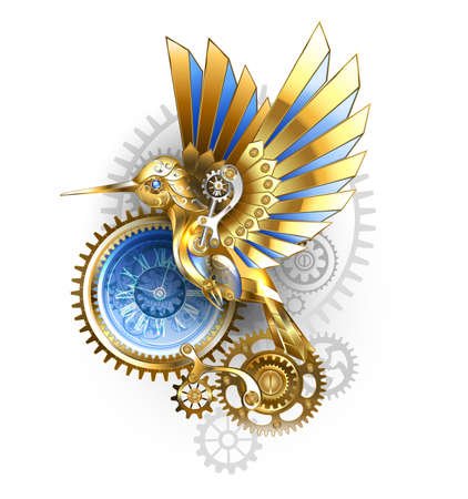 Steampunk, antique, gold, mechanical hummingbird with brass and gray gears on white background. Mechanical bird.のイラスト素材