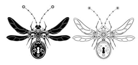 Two mechanical, monochrome, isolated, contour insects with gears and keyhole the abdomen. Steampunk style.のイラスト素材
