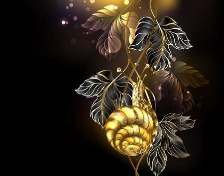 Jeweled, detailed, golden snail crawls up black grape leaves on black background. Gold snail.のイラスト素材