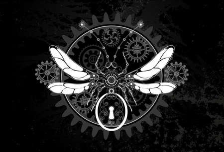 Contour, white, mechanical insect with mechanism of silhouette gears on dark grunge background. Steampunk style.のイラスト素材