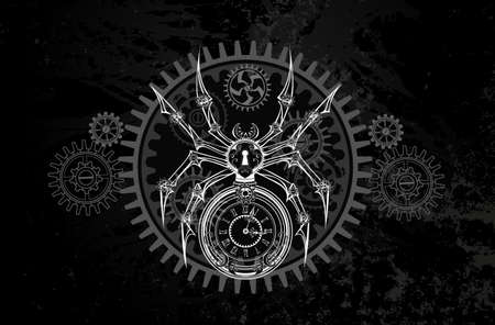 Contour, white, contour, schematic, mechanical spider with dial and keyhole on dark grunge background. Steampunk style.のイラスト素材