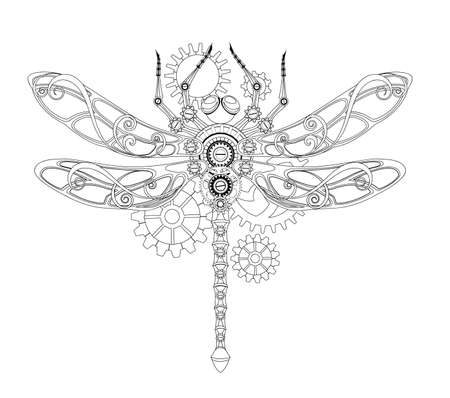 Antique, contour, mechanical dragonfly with gears on white background. Steampunk style.のイラスト素材