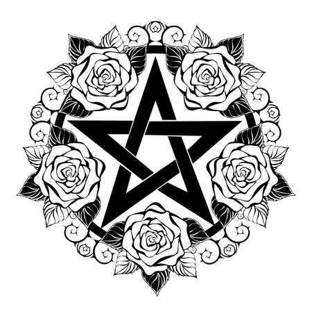 Black pentagram with contour, artistically drawn roses with leaves and thorny stem on white background. Wiccan symbol.のイラスト素材