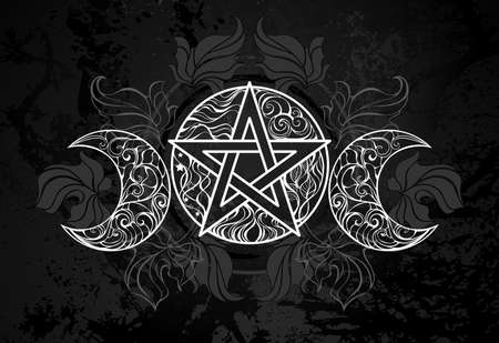 White, patterned, contour pentagram with crescents on black textured background with dark fallen leaves. Wiccan symbol.のイラスト素材