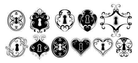 Set of antique, silhouette, patterned, contour, black, door keyholes on white background.のイラスト素材