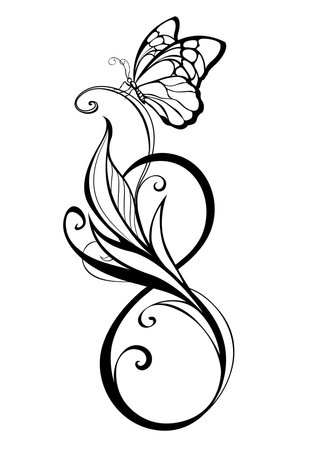 Number eight from intertwined, contour plants with seated butterfly on white background. Eighth of March holiday.のイラスト素材