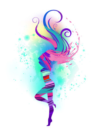 Dancing girl with long hair, painted with strokes of bright pink and purple paint on white background. Woman.のイラスト素材
