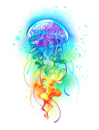 Large, iridescent, artistically drawn, bright jellyfish, with long tentacles on white, painted over with multicolored watercolor background. Rainbow jellyfish.のイラスト素材