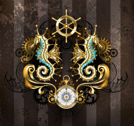 Symmetrical composition of mechanical, gold seahorses, brass gears, antique compass, golden steering wheel on brown striped shabby background. Steampunk style.のイラスト素材