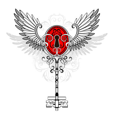 Contour, patterned, antique key with red keyhole, decorated with gray wings on white background. Steampunk style.のイラスト素材