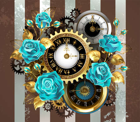 Patterned, antique watch, adorned with jewelry, gold hour hands and Latin numerals with turquoise roses on brown, striped background. Steampunk style.のイラスト素材