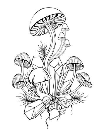 Artistically drawn, outline, silhouette, stylized mushrooms and moss growing from contour crystal on white background.のイラスト素材