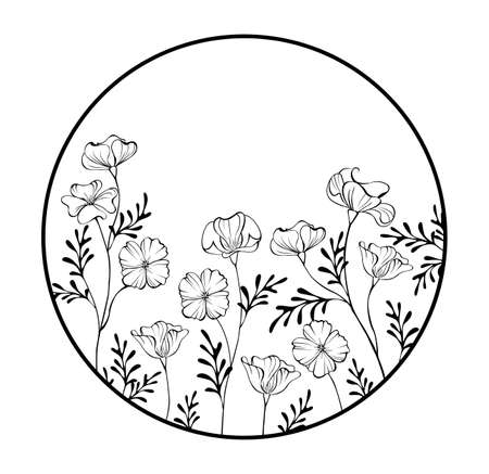 Round contour frame with artistically drawn California poppy on white background. Coloring.のイラスト素材