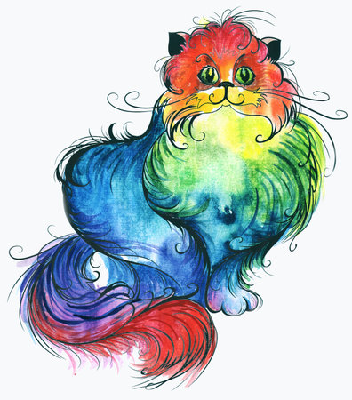 Fluffy cat, painted with multicolored, rainbow, bright watercolor paint.の写真素材
