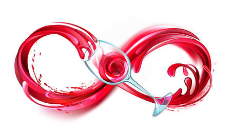 Infinity symbol of continuous stream of red wine pouring into glass wine glass on white background.のイラスト素材