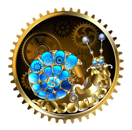Mechanical snail made of brass, metal parts with luminous, transparent, blue, spiral shell, decorated with gears in circle with brown gears on white background. Steampunk style.のイラスト素材