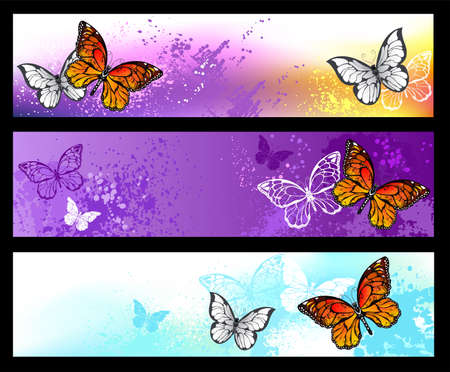 Collection of profile headers featuring orange, detailed monarch butterflies on scenic backgrounds.のイラスト素材