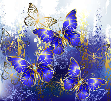 Composition of three and gold jewelry butterflies, precious, blue, sapphire butterflies on picturesque, texture blue background.のイラスト素材