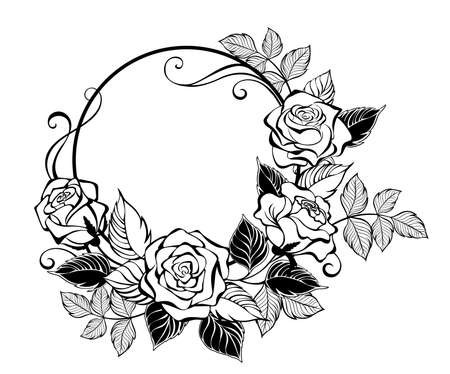 Round frame, decorated with outline, artistically drawn branch of rose with stylized leaves on white background. Contour rose.のイラスト素材