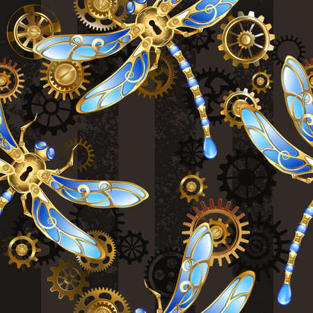 Seamless texture with mechanical, golden dragonflies, decorated with blue, glass wings with gold and brass gears on a striped, textured, brown background. Steampunk style.のイラスト素材