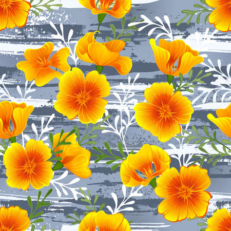 Seamless pattern with blooming, orange California poppies on gray splash painted background. Cozy design.のイラスト素材