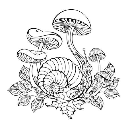 Contour snail crawling among large forest mushrooms and autumn leaves on white background. Coloring. Outline drawing.のイラスト素材