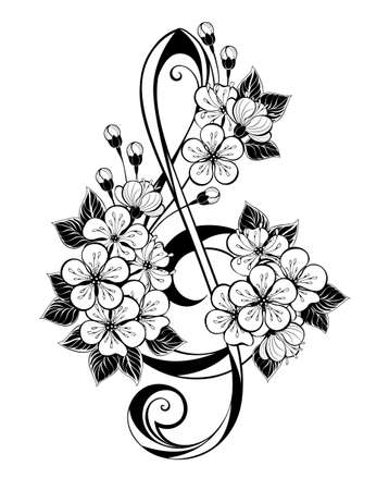 Black, contoured treble clef with artistic, contour Japanese cherry blossoms on white background. Contour Sakura.のイラスト素材