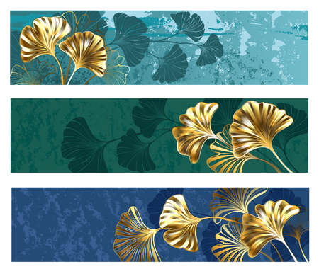 Profile header collection with gold, jewelery, detailed ginkgo biloba leaves on picturesque backgrounds.のイラスト素材