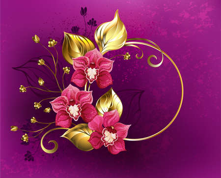 Round, gold banner with pink, artistically drawn orchids with gold and silhouette branches on pink textured background. pink orchid.のイラスト素材