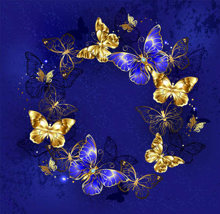 Sapphire, jewelry butterflies and gold butterflies flying in circle, on blue, textured background.のイラスト素材