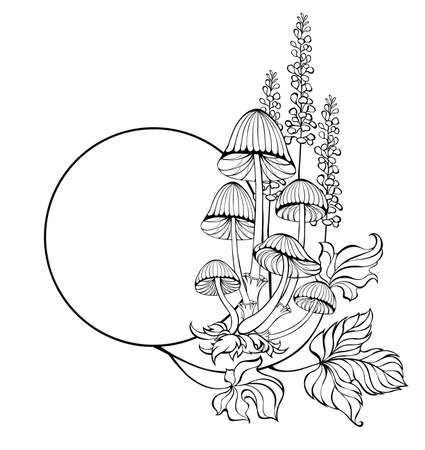 Contour, round monogram decorated with swamp mushrooms with wild plants on white background. Goblincore.のイラスト素材