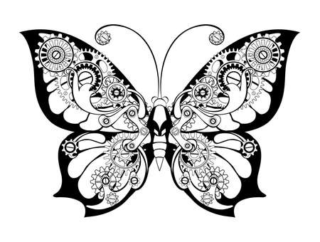 Antique, contour, mechanical butterfly with gears on white background. Steampunk style.のイラスト素材