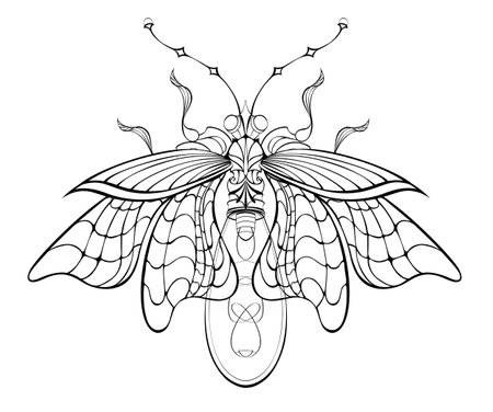 Antique, contoured, mechanical firefly with light bulb and thin wings on white background. steampunk style.のイラスト素材
