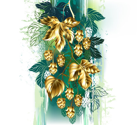 Artistically drawn, jewelry, flexible branch of hops with golden hop cone and metal leaves on white background painted over with streaks of green paint. golden hop.のイラスト素材
