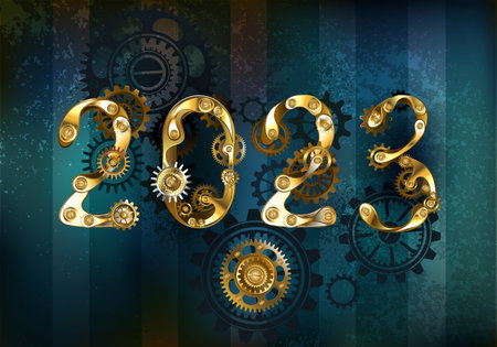 Golden numbers 2023 with brass gears, on textured, aged, turquoise, striped background. new year. Steampunk style.のイラスト素材