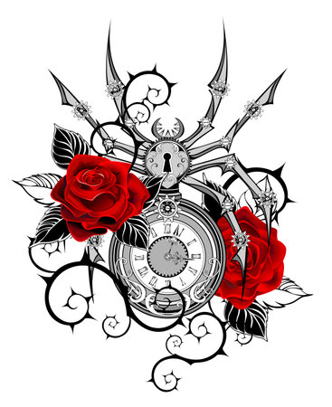Antique, contoured, grey, mechanical spider with dial, decorated with artistically painted red roses with black leaves and spiky stems on white background. steampunk style.のイラスト素材