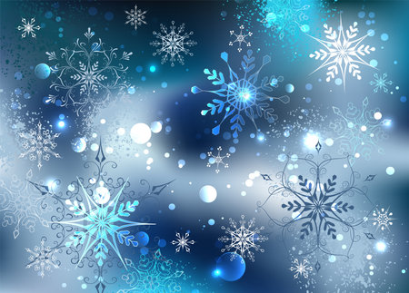 Cold, shiny, rough, snowy background with white and blue patterned snowflakes. snow design.のイラスト素材