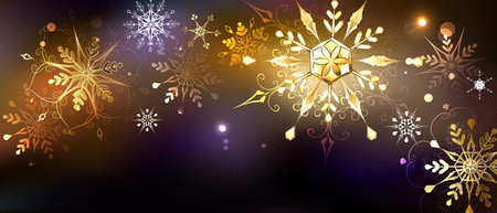 Gold, jewelry, patterned snowflakes on black glowing, Christmas background. golden snowflakes.のイラスト素材