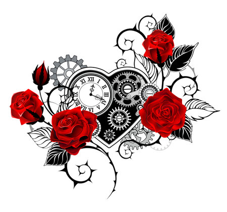Artistically drawn, mechanical heart with an antique clock, decorated with red roses with black, spiky stems on white background. Steampunk style.のイラスト素材