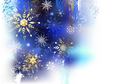 Christmas, winter background, painted blue, white, golden paint with gold, shiny, jeweled snowflakes. golden snowflakes.のイラスト素材