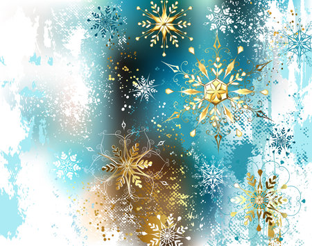 Christmas, winter background, painted blue, white, golden paint with gold, shiny, jeweled snowflakes. golden snowflakes.のイラスト素材