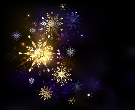 Gold, jewelry, patterned snowflakes on black glowing, Christmas background. Gold snowflakes.のイラスト素材