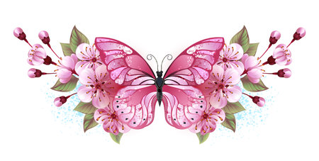 Symmetrical composition of artistically painted pink butterfly and pink japanese cherry blossoms on white background. pink sakura.のイラスト素材