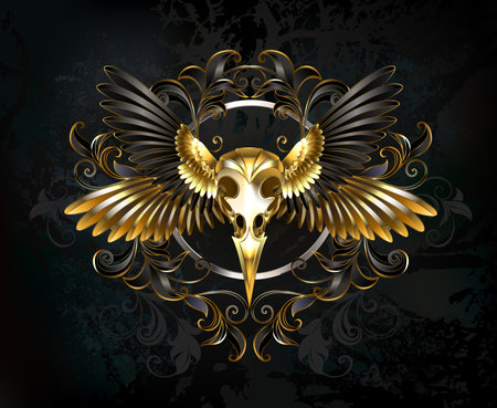 Artistically drawn, symmetrical, composition of black and gold, bird wings, golden, bird skull decorated with gilded pattern on dark, textured background.Gothic styleのイラスト素材