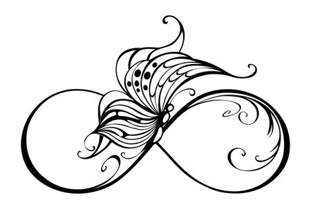 Black infinity symbol with a seated, artistically drawn moth on white background. tattoo style. Contour butterfly.のイラスト素材