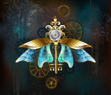 Antique, jewelry, gold key with white watch, decorated with transparent, blue insect wings on worn, brown, steampunk background. steampunk style.のイラスト素材