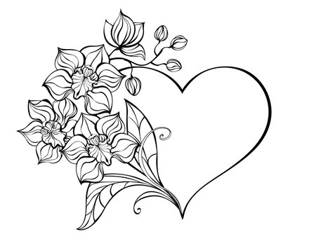 Frame in the shape of a heart, decorated with contour, artistically drawn branch of an orchid on white background. Coloring. Artistic drawing of an orchid.のイラスト素材