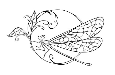 Sitting in circle, artistically drawn, contoured dragonfly with patterned, detailed wings on white background. The original drawing of dragonfly.のイラスト素材