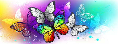 Profile title with rainbow butterfly and grey, artistically drawn, realistic butterflies on rainbow iridescent background. Rainbow butterfly.のイラスト素材