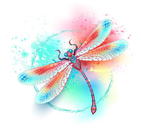 Red, flying, artistically drawn, in bright colors with textured iridescent, blue wings on white background, painted over with splashes of watercolor paint. Bright red dragonfly.のイラスト素材